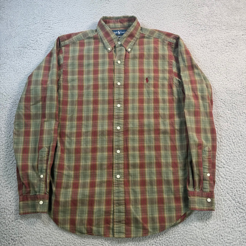 Ralph Lauren Mens Classic Fit Plaid Button Down Shirt Green Red Cotton Size M